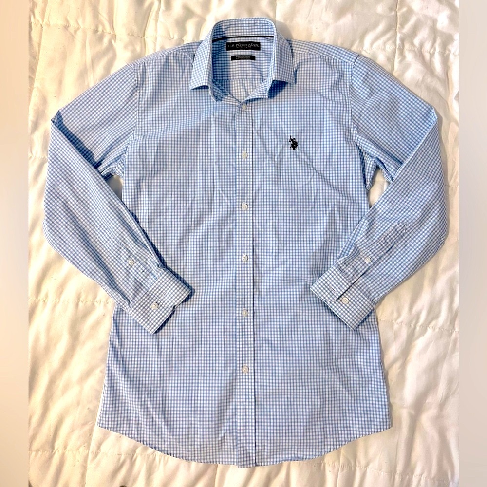 US Polo Assn Men’s Button Up Long Sleeve Dress Shirt - Blue and White Grid
